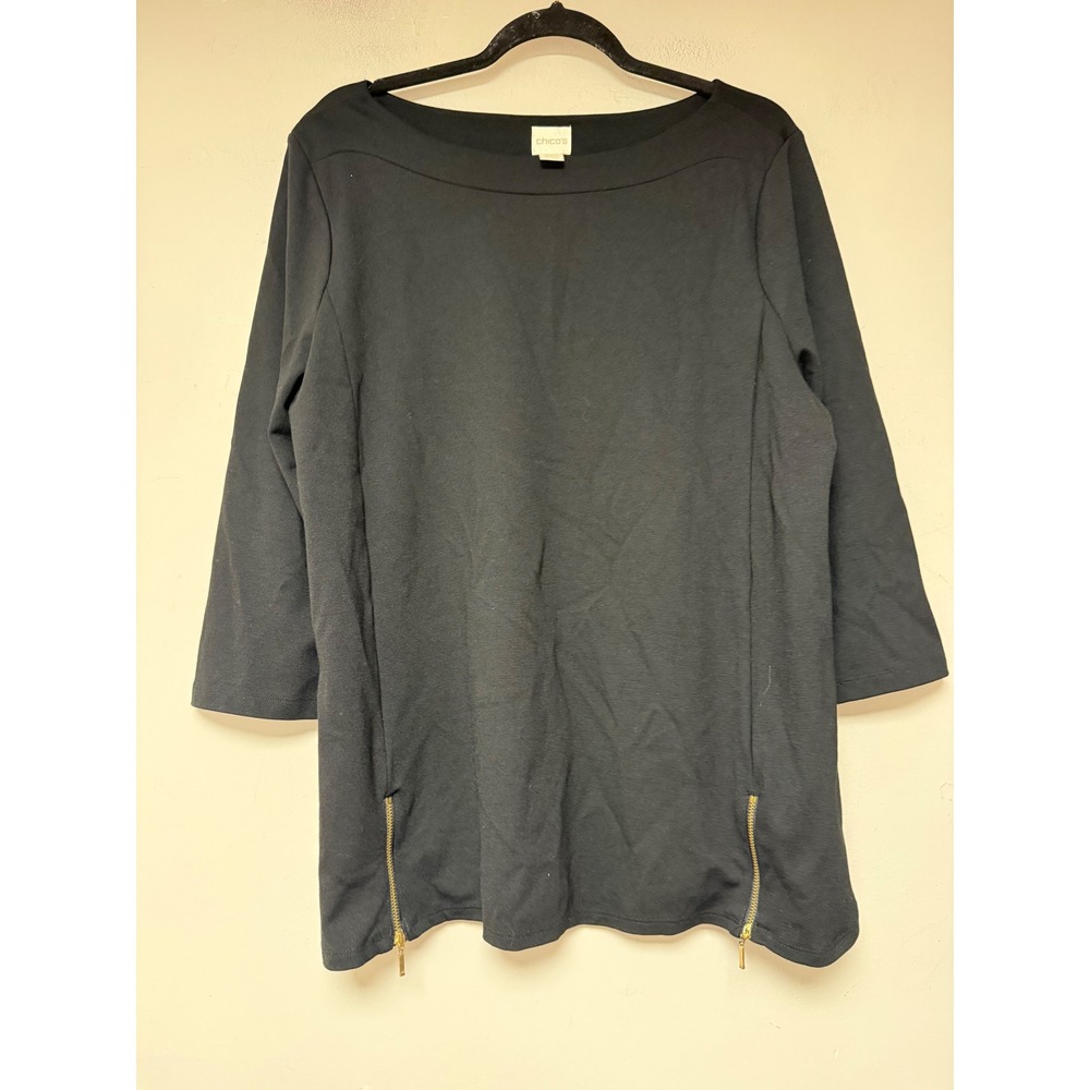 Chico's Zenergy Tunic Top Women 3 Petite Black Excellent Side Zipper Boatneck